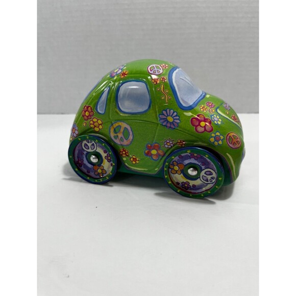 Volkswagen Bug Shape Tin 6" Green With Flowers, Pease Sign Colorful Beetle Car - Picture 3 of 7